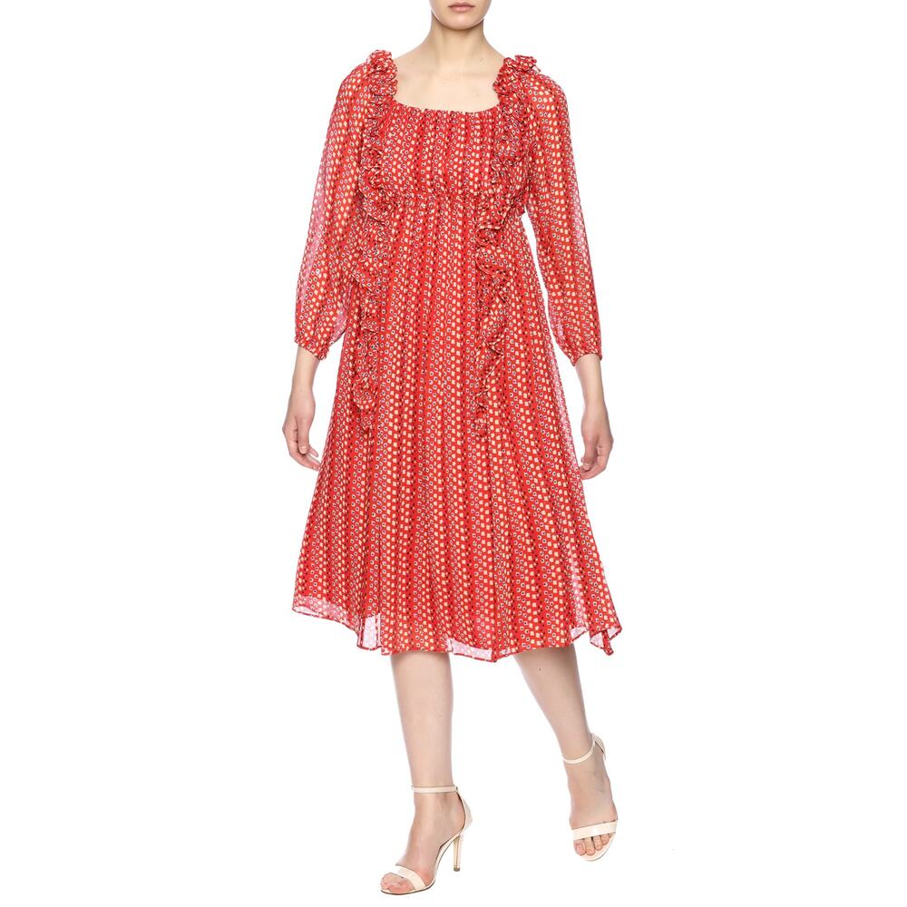 Tanya Taylor Daria Silk Midi Dress Size 8 Red Geo Print Chiffon‎ Ruffles